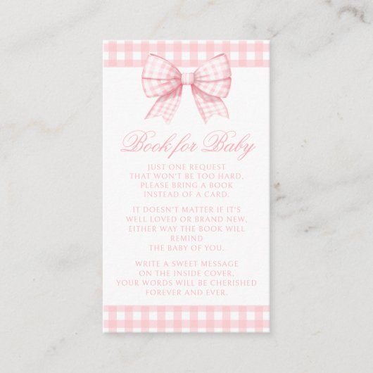 可愛いピンクの弓ジンガムの赤ちゃんガールシャワー用ブック エンクロージャーカード (正面)