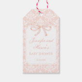 可愛いピンクの弓ダマスク赤ちゃん女の子のシャワー感謝していユーザ ギフトタグ (正面)