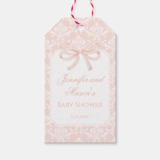 可愛いピンクの弓ダマスク赤ちゃん女の子のシャワー感謝していユーザ ギフトタグ (正面)