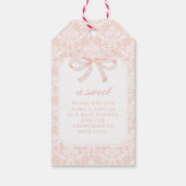 可愛いピンクの弓ダマスク赤ちゃん女の子のシャワー感謝していユーザ ギフトタグ (裏面)