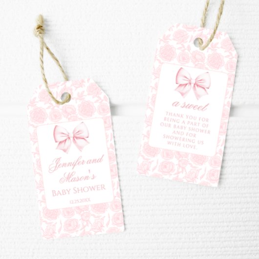 可愛いピンクの弓フローラ女の子のシャワー感謝していユー ギフトタグ