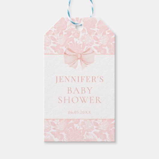 可愛いピンクの弓フローラ女の子のシャワー感謝していユー ギフトタグ (正面)