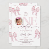 可愛いピンクの弓リトル恋しく思オネダーフル1歳の誕生日 招待状 (正面/裏面)