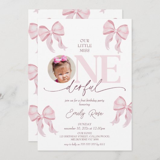 可愛いピンクの弓リトル恋しく思オネダーフル1歳の誕生日 招待状 (正面/裏面)