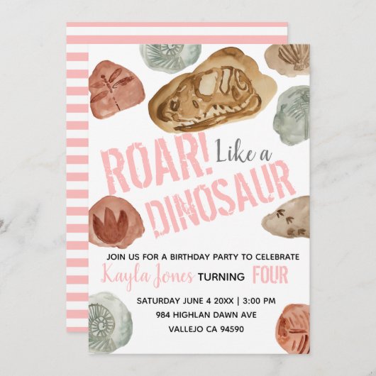 可愛いピンクの恐竜の化石の誕生日の招待 招待状 (正面/裏面)