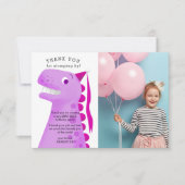 可愛いピンクの恐竜の誕生日パーティー写真 サンキューカード (正面)
