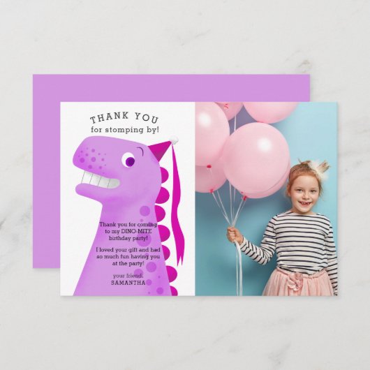 可愛いピンクの恐竜の誕生日パーティー写真 サンキューカード (正面/裏面)