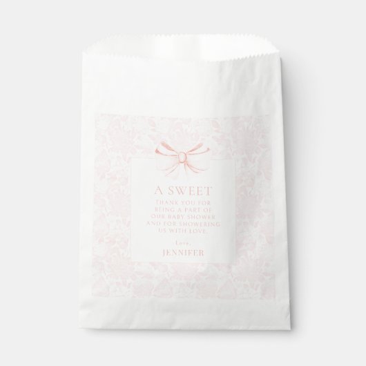 可愛いピンクの感謝してい甘いあなたが赤ちゃん女の子シャワーを弓 フェイバーバッグ (正面)