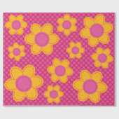 可愛いピンクの格子柄のスティッチフラワー春女 ラッピングペーパー (フラット)