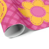 可愛いピンクの格子柄のスティッチフラワー春女 ラッピングペーパー (ロールコーナー)