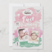 可愛いピンクの水彩最初の誕生日パーティーガール 招待状 (正面)