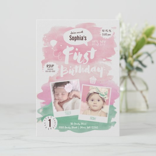 可愛いピンクの水彩最初の誕生日パーティーガール 招待状 (スタンド正面)