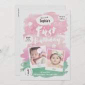 可愛いピンクの水彩最初の誕生日パーティーガール 招待状 (正面/裏面)