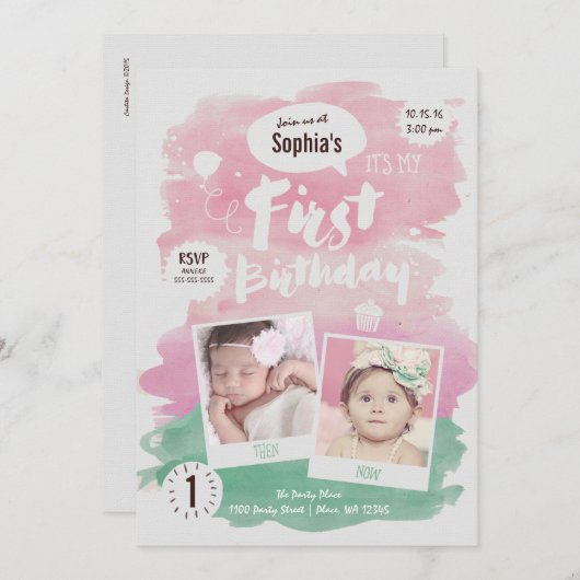可愛いピンクの水彩最初の誕生日パーティーガール 招待状 (正面/裏面)