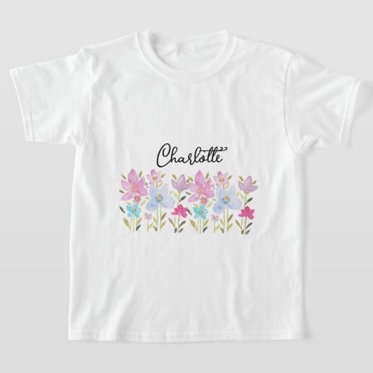 可愛いピンクの水彩画の野の花のモノグラム Tシャツ (レイダウン)