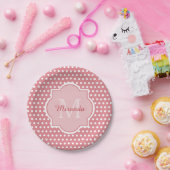 可愛いピンクの水玉模様 – モノグラムと名前 ペーパープレート (パーティー)