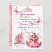 可愛いピンクの水色の城ガーリーの妖女 招待状 (正面/裏面)