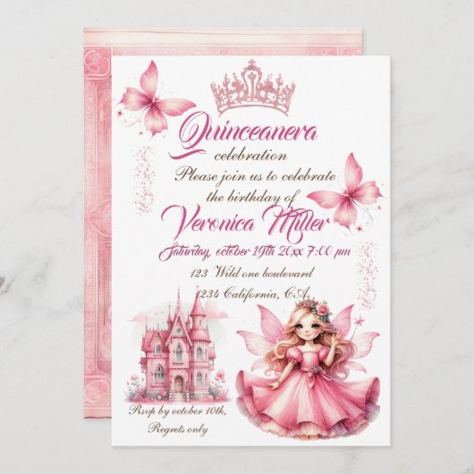 可愛いピンクの水色の城ガーリーの妖女 招待状 (正面/裏面)
