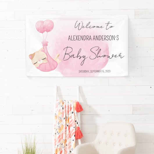 可愛いピンクの水色の子猫のためのベビーガールシャワー 横断幕 (インサイチュ)