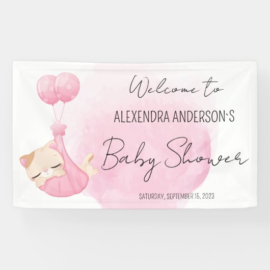 可愛いピンクの水色の子猫のためのベビーガールシャワー 横断幕 (横)