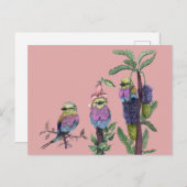 可愛いピンクの水色アフリカの鳥イラストレーション ポストカード (正面/裏面)