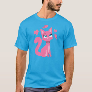 可愛いピンクの漫画猫と蝶Tシャツ Tシャツ