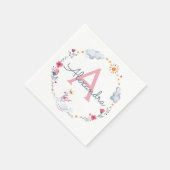 可愛いピンクの白鳥&サンフローラリースとモノグラム スタンダードカクテルナプキン (角)