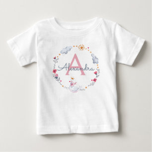 可愛いピンクの白鳥&サンフローラリースとモノグラム ベビーTシャツ
