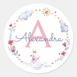 可愛いピンクの白鳥&サンフローラリースとモノグラム ラウンドシール