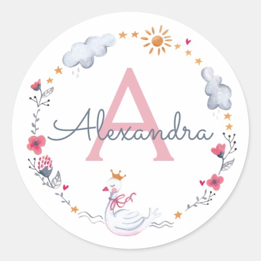 可愛いピンクの白鳥&サンフローラリースとモノグラム ラウンドシール (正面)