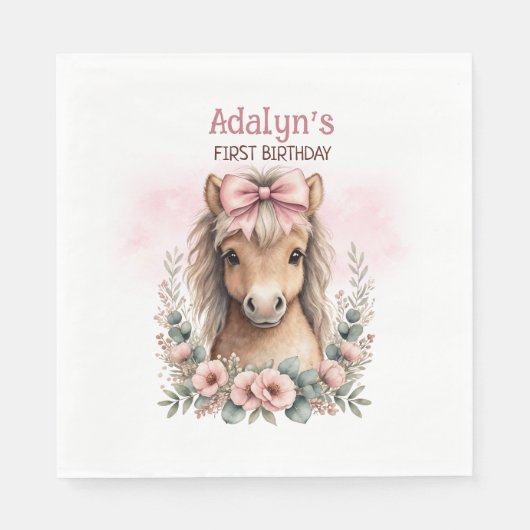 可愛いピンクの花と馬の1歳の誕生日  スタンダードランチョンナプキン (正面)
