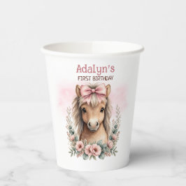 可愛いピンクの花と馬の1歳の誕生日 紙コップ