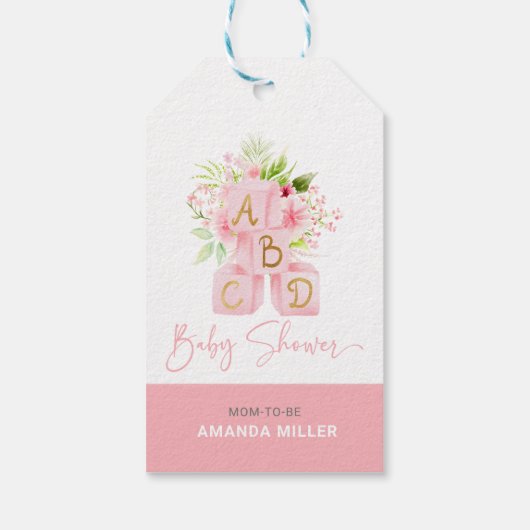 可愛いピンクの花のアルファベッ飾プ・ブロック ギフトタグ (裏面)