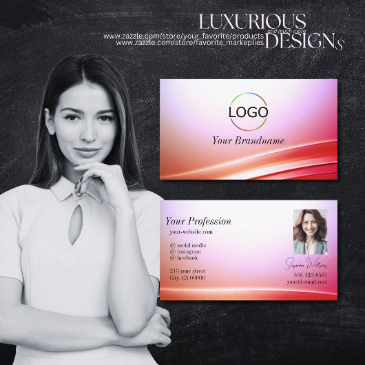 可愛いピンクの薄紫曲線デコールとロゴと写真 名刺