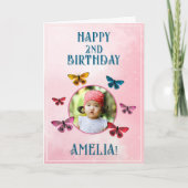 可愛いピンクの蝶ガールバースデーパーティーの写真 カード (正面)