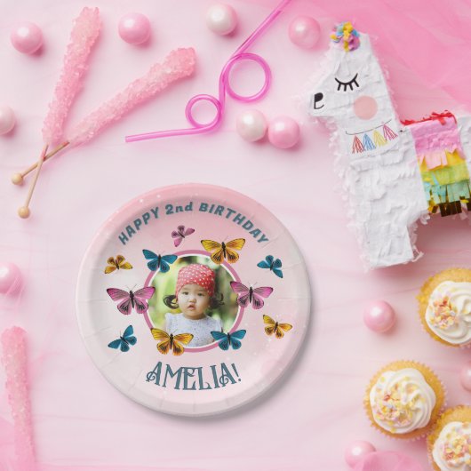 可愛いピンクの蝶ガールバースデーパーティーの写真 ペーパープレート (パーティー)