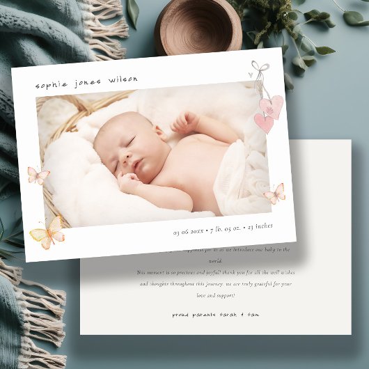 可愛いピンクの蝶ハート写真誕生のお知らせ サンキューカード
