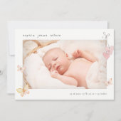 可愛いピンクの蝶ハート写真誕生のお知らせ サンキューカード (正面)