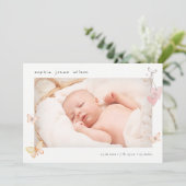 可愛いピンクの蝶ハート写真誕生のお知らせ サンキューカード (スタンド正面)