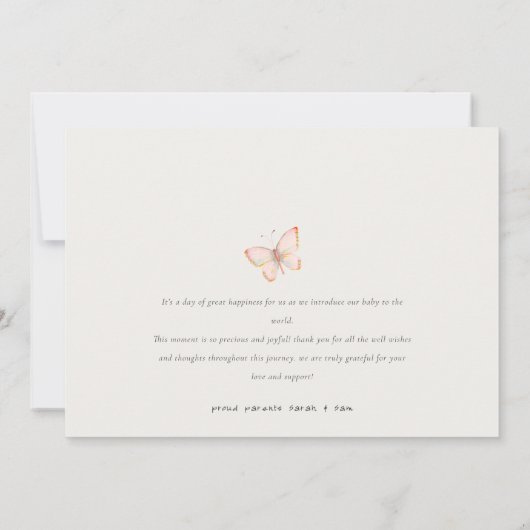 可愛いピンクの蝶ハート写真誕生のお知らせ サンキューカード (裏面)