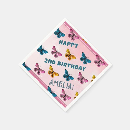 可愛いピンクの蝶パターンドガールバースデーパーティー スタンダードカクテルナプキン (角)