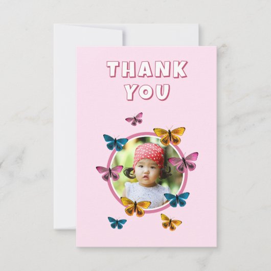 可愛いピンクの蝶パターン誕生日写真 サンキューカード (正面)