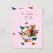 可愛いピンクの蝶パターン誕生日写真 サンキューカード (正面/裏面)