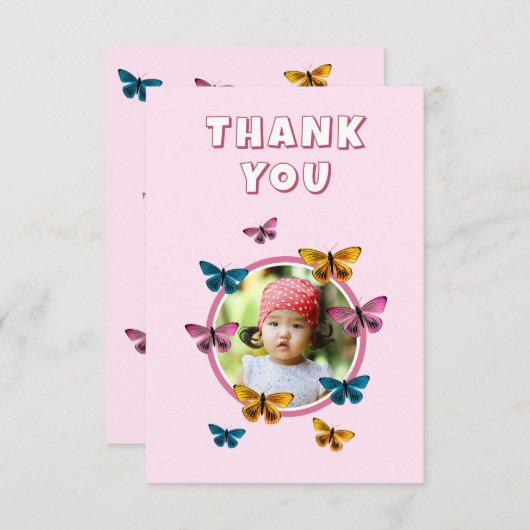 可愛いピンクの蝶パターン誕生日写真 サンキューカード (正面/裏面)