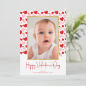 可愛いピンクの赤い斑点ハートバレンタインデーの写真 シーズンカード (スタンド正面)