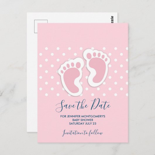 可愛いピンクの赤ちゃん女の子の足跡デートを保存 ポストカード (正面/裏面)