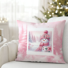 可愛いピンクの雪だるまのクリスマスの情景 子供部屋用 クッション