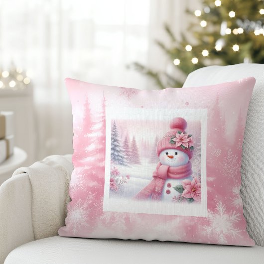 可愛いピンクの雪だるまのクリスマスの情景 子供部屋用 クッション