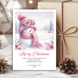 可愛いピンクの雪だるま クリスマスの子供向けカード 編集可能 シーズンカード