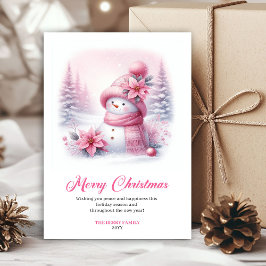 可愛いピンクの雪だるま クリスマス 子供用 カード 編集可能